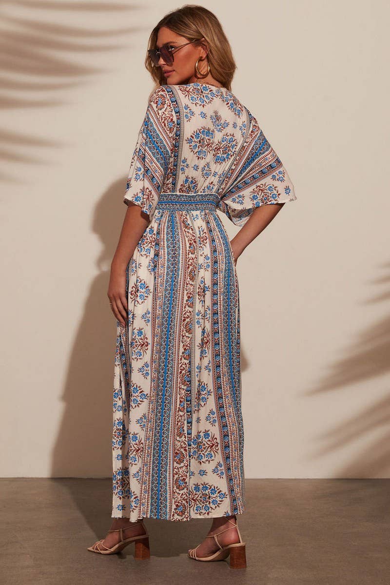 CWDMD5517_FLORAL V NECK SHORT SLEEVE MAXI DRESS