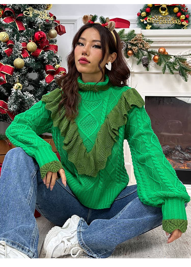 Christmas half-turtleneck ruffled pullover sweater