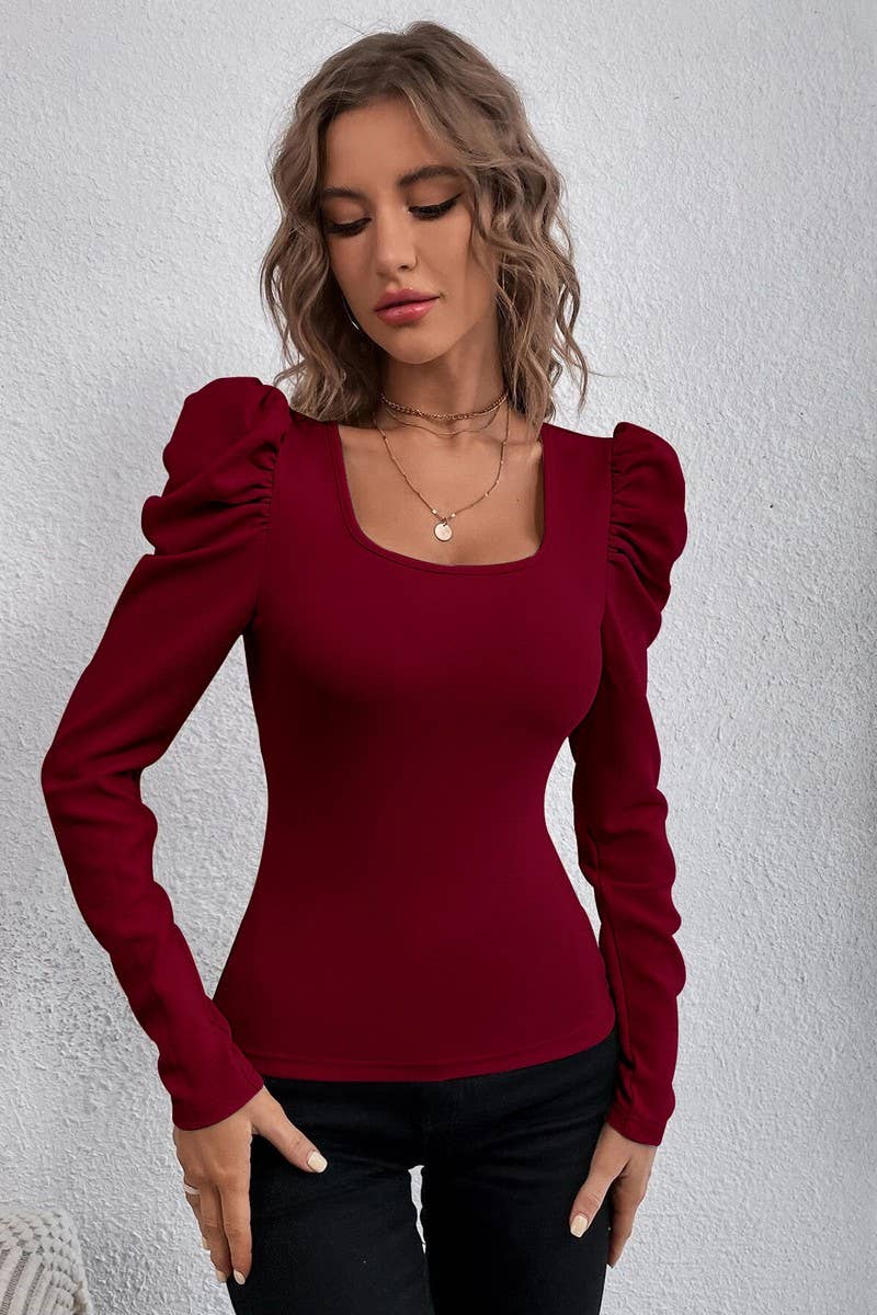 CWTBLL2704_SQUARE NECK LEG-OF-MUTON SLEEVE KNIT TOP