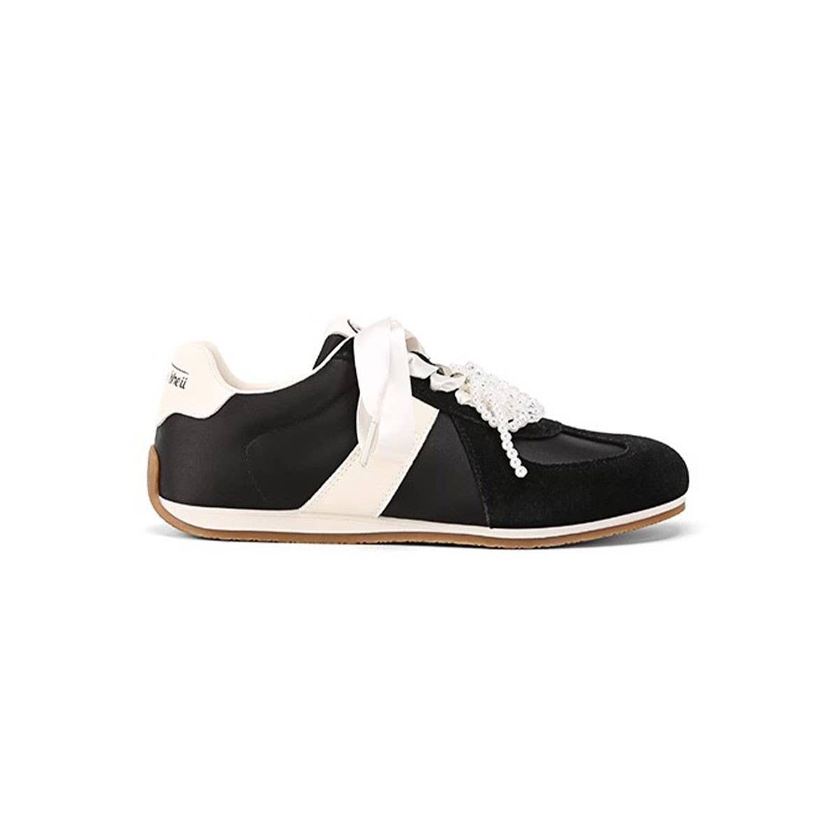 Satin Ballet Sneakers with Pearl Ribbon Trim