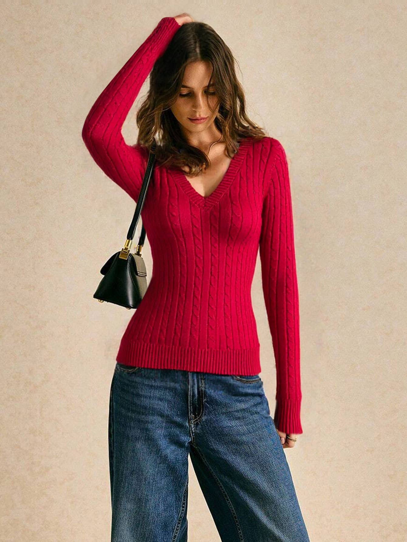 Casual V-neck fitted woolen long-sleeved sweater