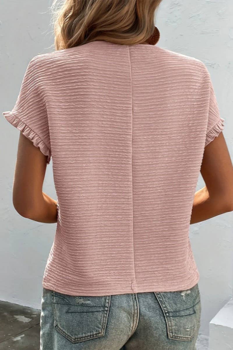 CWTBLS1769_SOLID COLOR ROUND NECK PLEATED SHORT SLEEVE TOP