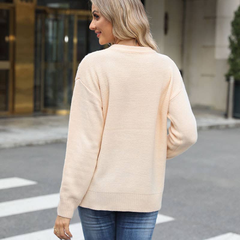CREWNECK TWIST SOLID COLOR KNIT PULLOVER SWEATER