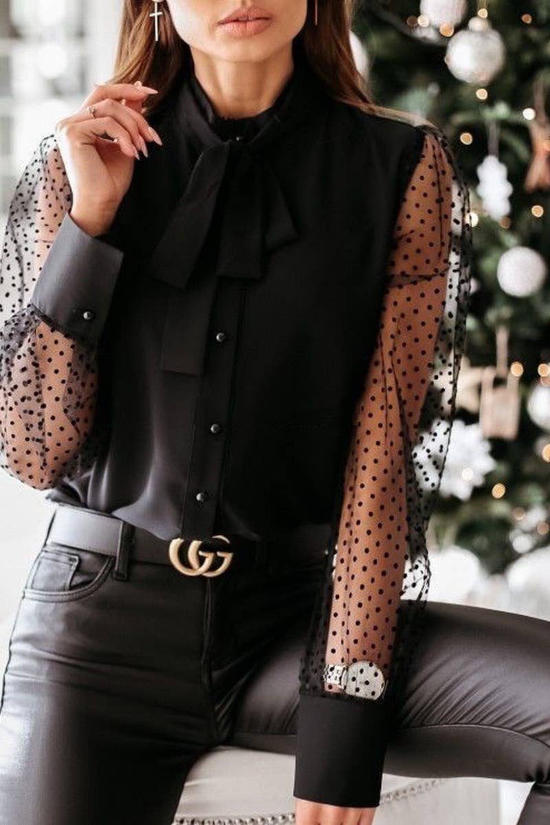 CWTBLL3014_SOLID COLOR MESH SPLICING BUTTON BOW SHIRT