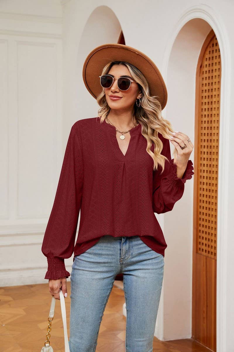 CWTBLL2377_SOLID COLOR V-NECK LOOSE LONG-SLEEVED PULLOVER
