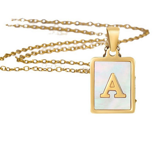 CWAJE1917_Square Stainless Steel White Shell Letter Necklace