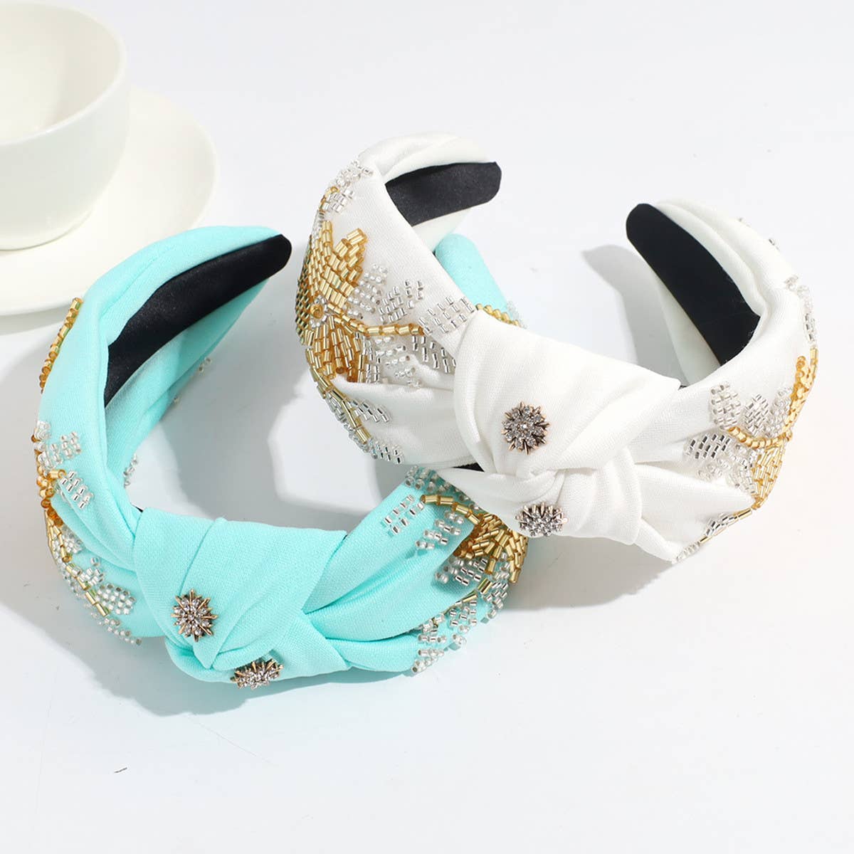 RHINESTONE RICE BEADS KNOTTED WIDE BRIM HEADBAND