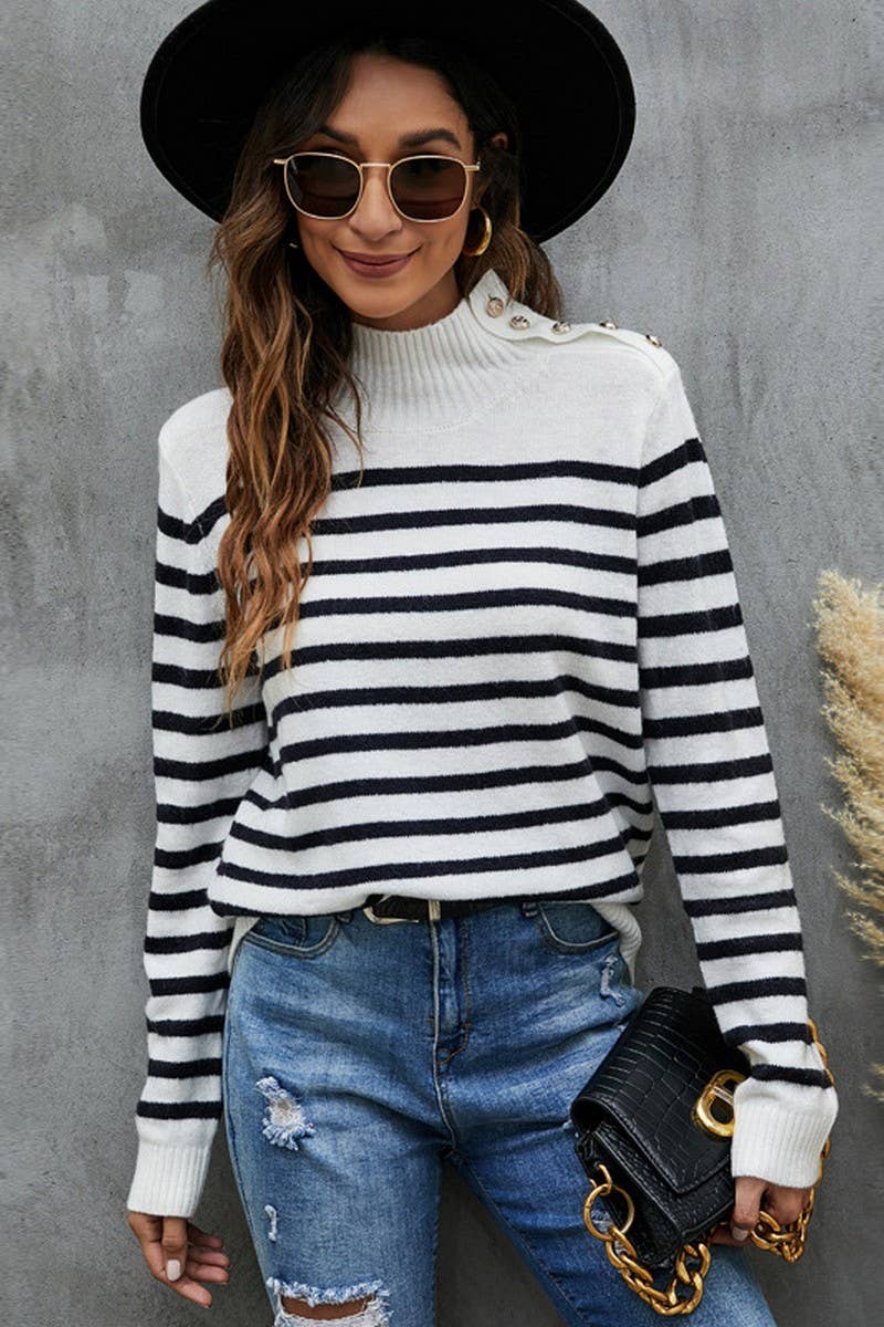 CWOSWL2685_STAND COLLAR LOOSE STRIPED KNIT TOP