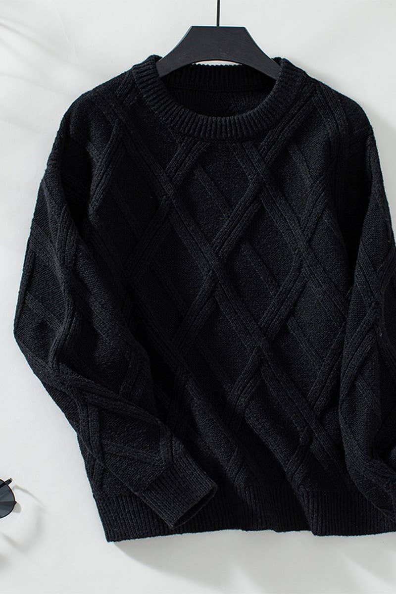 CWOSWL2809_LOOSE-FITTING DIAMOND-KNIT PULLOVER SWEATER