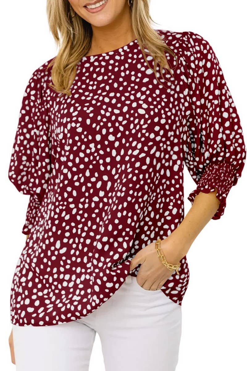 CWTBLS1600_ROUND NECK PRINTED SHORT-SLEEVED CHIFFON SHIRT