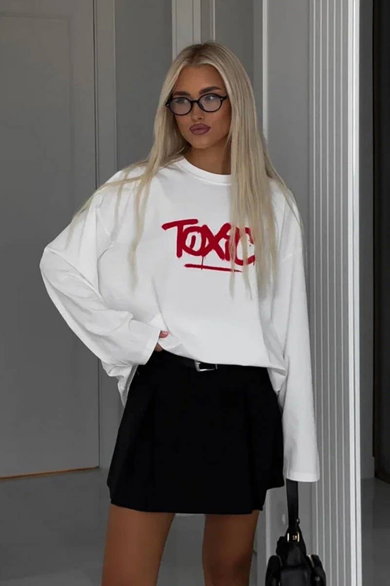 CWTBLL3455_ROUND NECK CONTRAST LETTERING LONG SLEEVE TOP