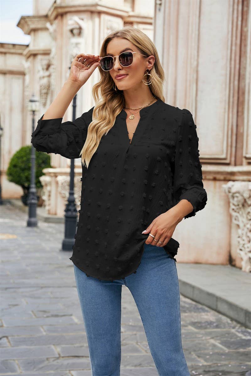 CWTBLL0802_FUR BALL CASUAL CHIFFON MID SLEEVE TOP