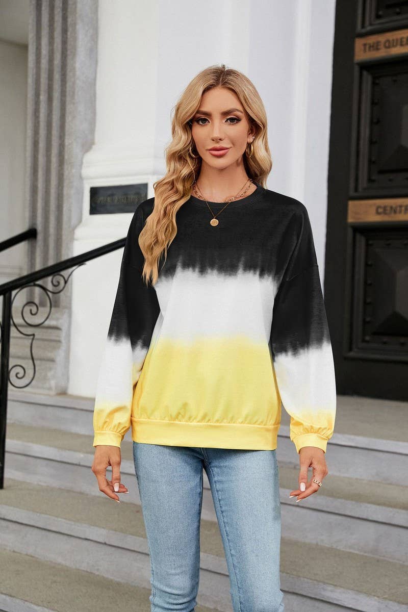 CWTBLL2414_TIE-DYE CONTRAST COLOR CREW NECK LONG SLEEVE TOP