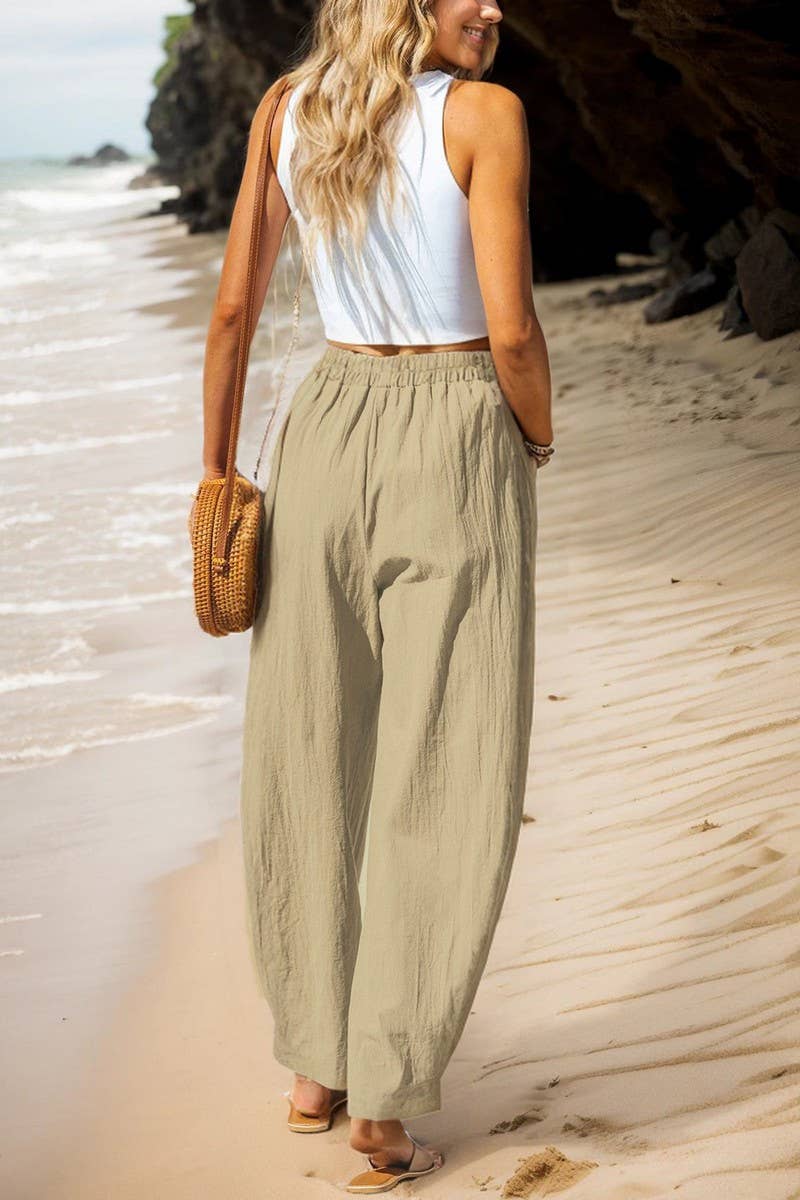 CWBLP01074_2025 WOMEN LINEN COTTON CASUAL PANTS ELASTIC WAIS