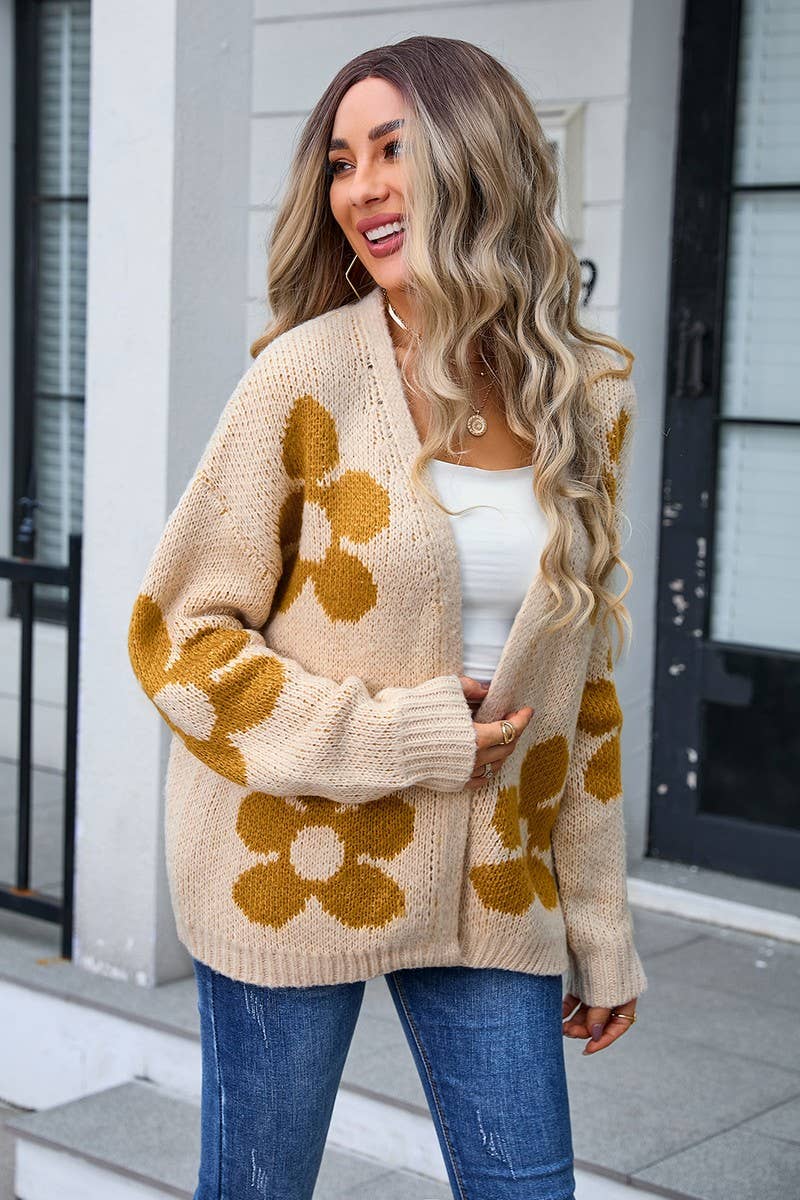 CWOCAL0917_FLORAL PRINT LOOSE KNIT CARDIGAN