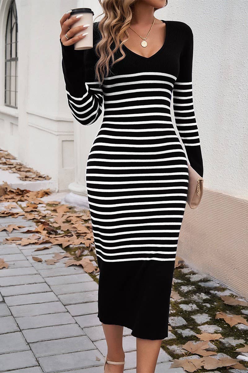 CWDMD3309_SLIM FIT V NECK CONTRAST STRIPED SWEATER DRESS