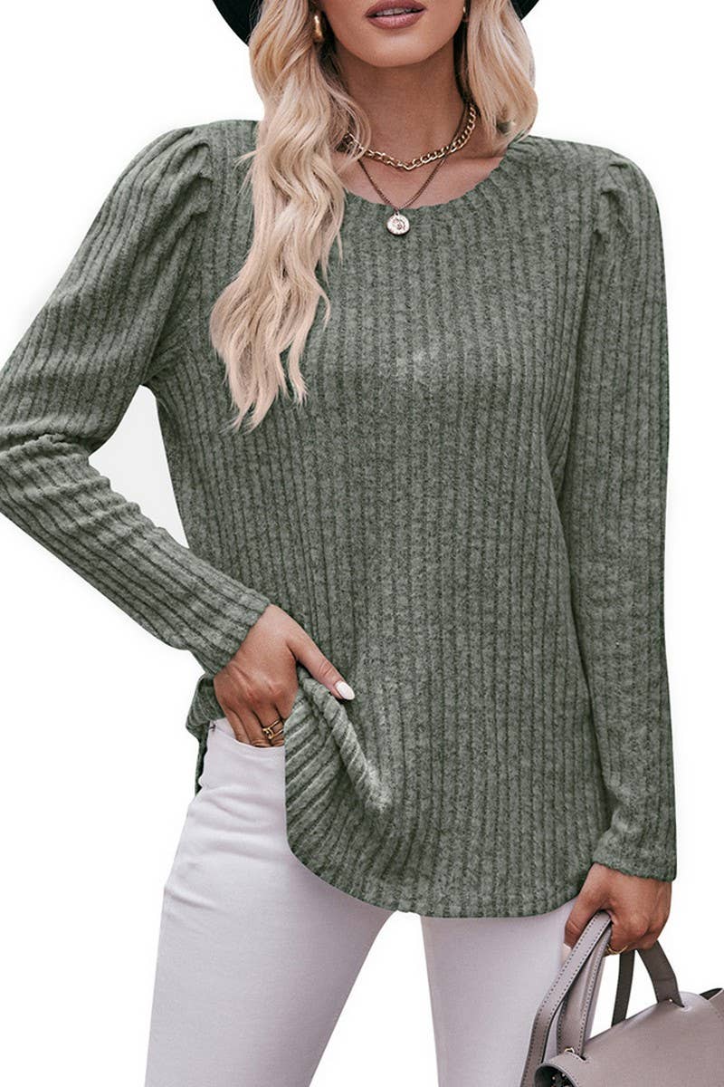 CWTBLL1832_ROUND NECK PUFF SLEEVE RIBBED SOLID COLOR TOP