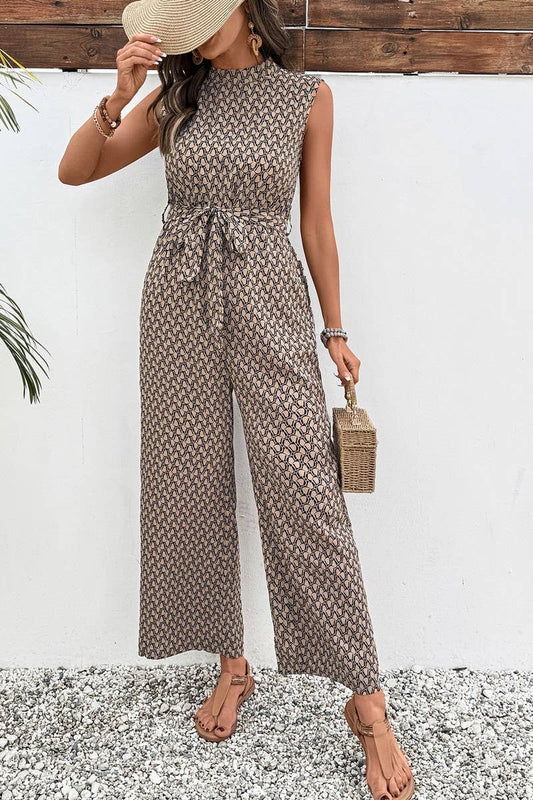CWSJS1551_SUMMER GEOMETRIC PRINT SLEEVELESS TIE JUMPSUIT
