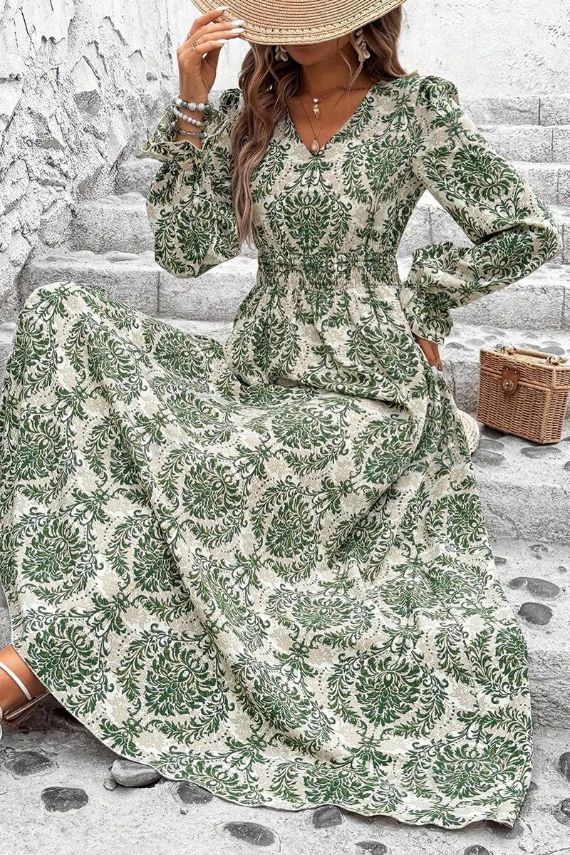 CWDMD4100_PRINTED V-NECK LONG-SLEEVED SWING DRESS