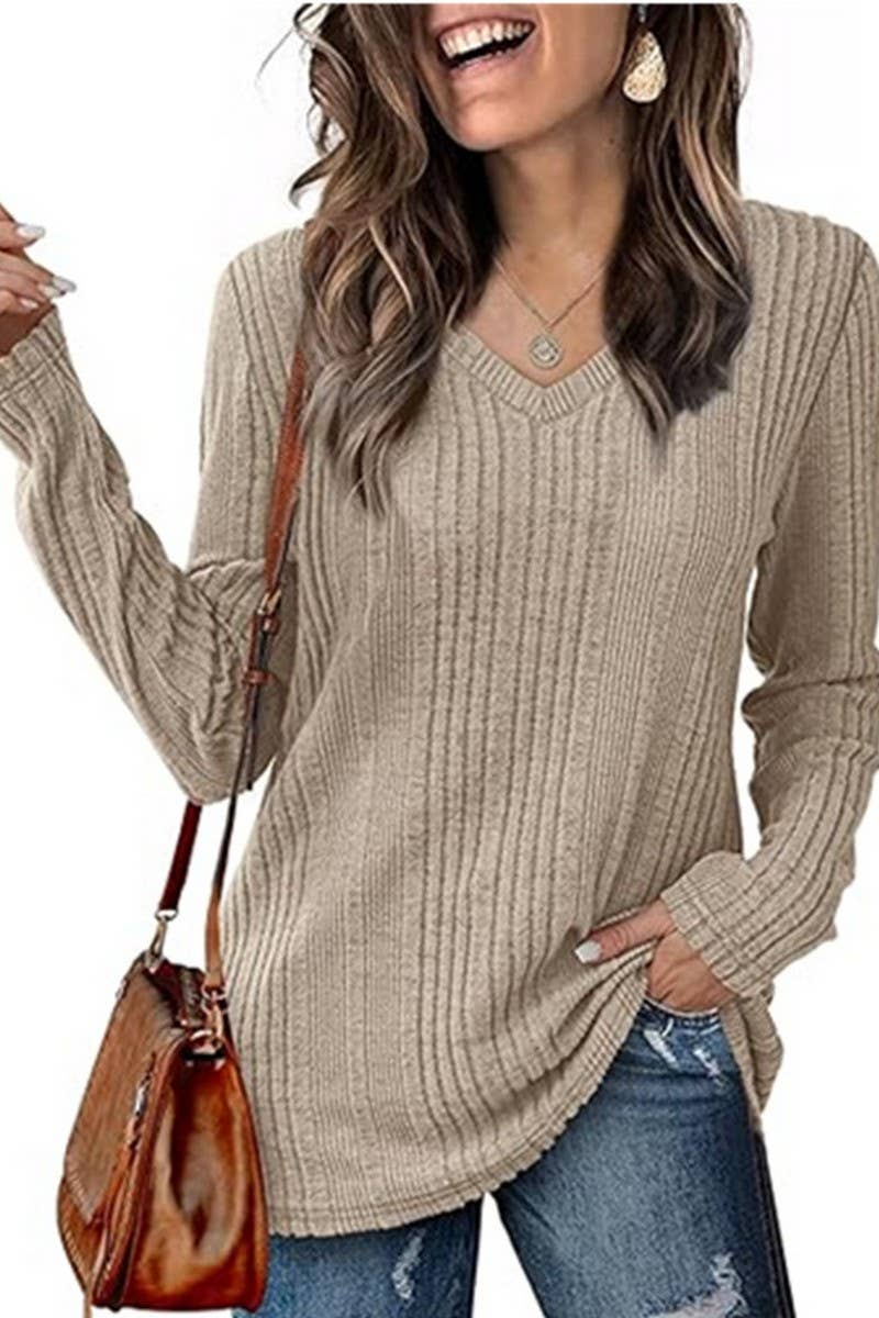 CWOSWL6559_V-NECK SOLID COLOR LONG-SLEEVED KNITTED SWEATER