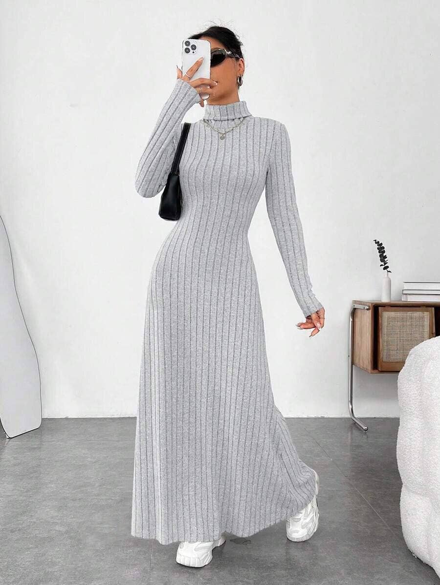 Figure-hugging high-neck solid-color dress