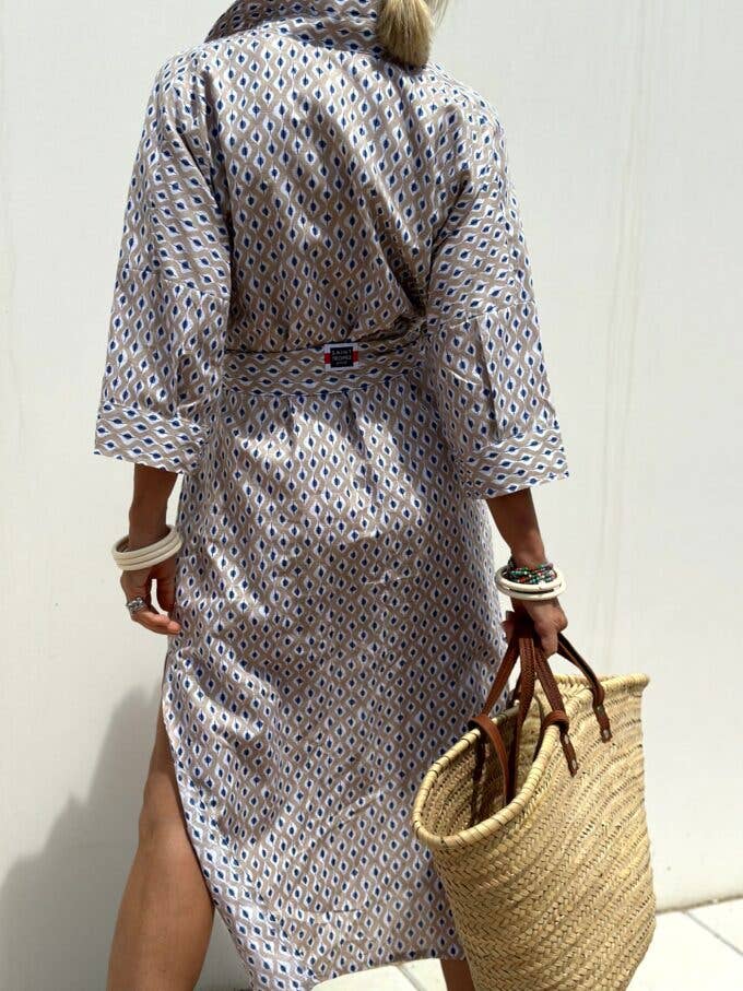 FIVE-QUARTER SLEEVE STRIPED SHIRT DRESS