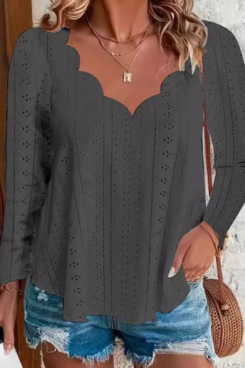 CWTBLL2869_SOLID COLOR WAVE NECK BREATHABLE LONG SLEEVE TOP