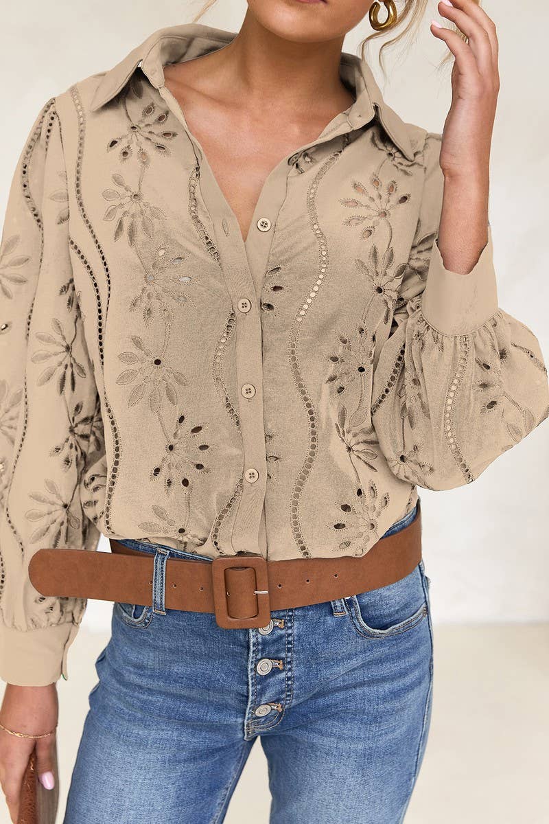 CWTSTL01000_CASUAL LOOSE HOLLOW OUT PUFF SLEEVE  TOP