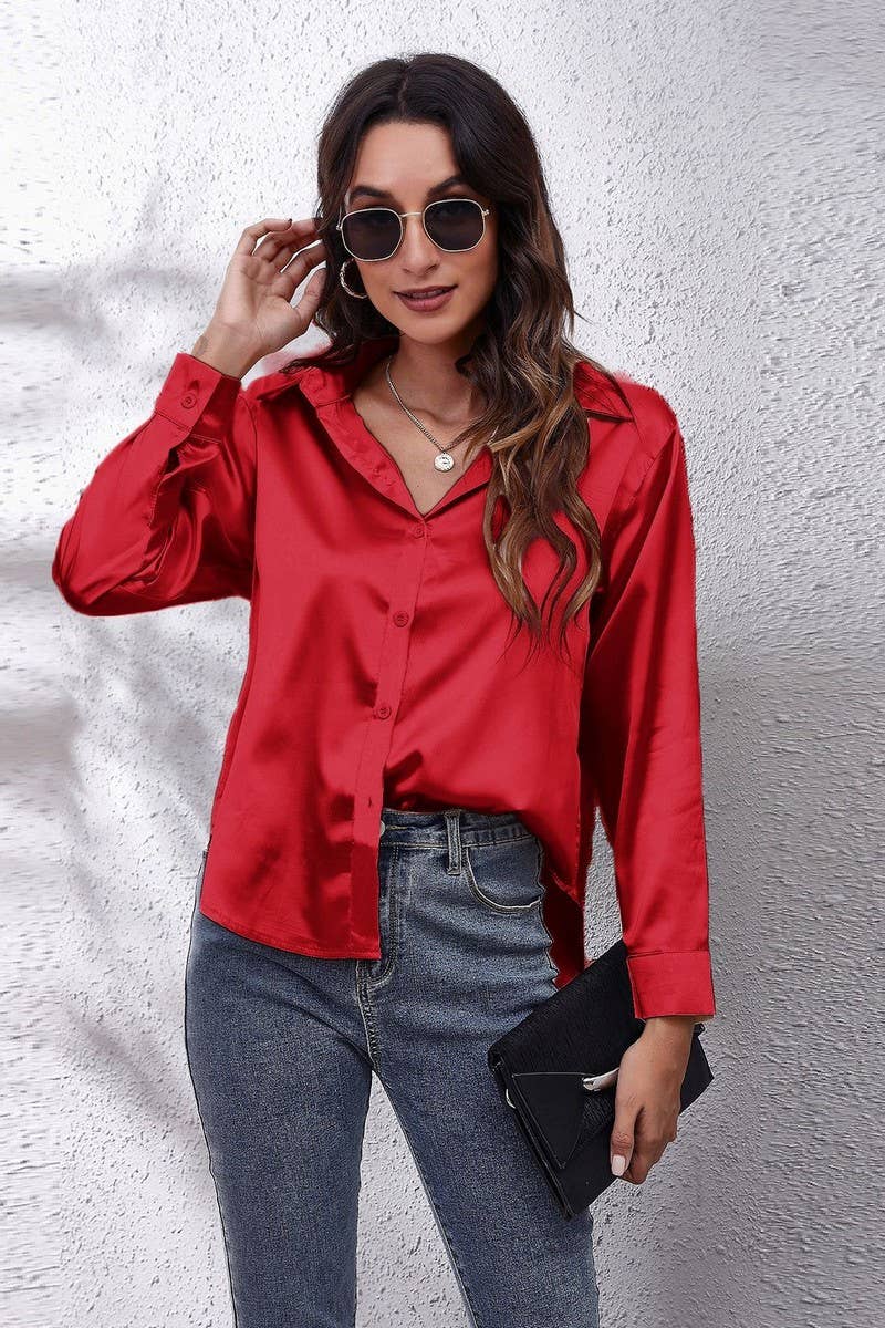 CWTBLL0691_Button Down Silky Satin Long Sleeve Top
