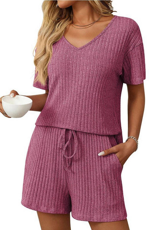 CWSTB1663_SOLID COLOR STRIPED SHORT-SLEEVED HOME WEAR SUIT