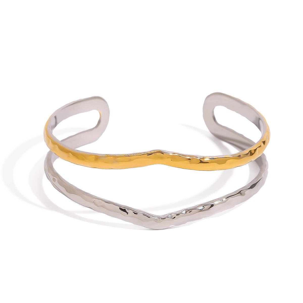 18K Gold Silver Hammered Double Layer Cuff_