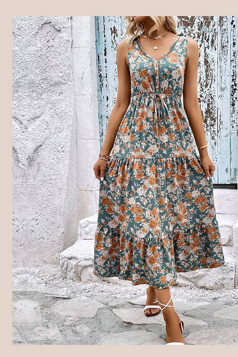 CWDMD1872_V-NECK SLEEVELESS LAYERED PRINT MIDI DRESS