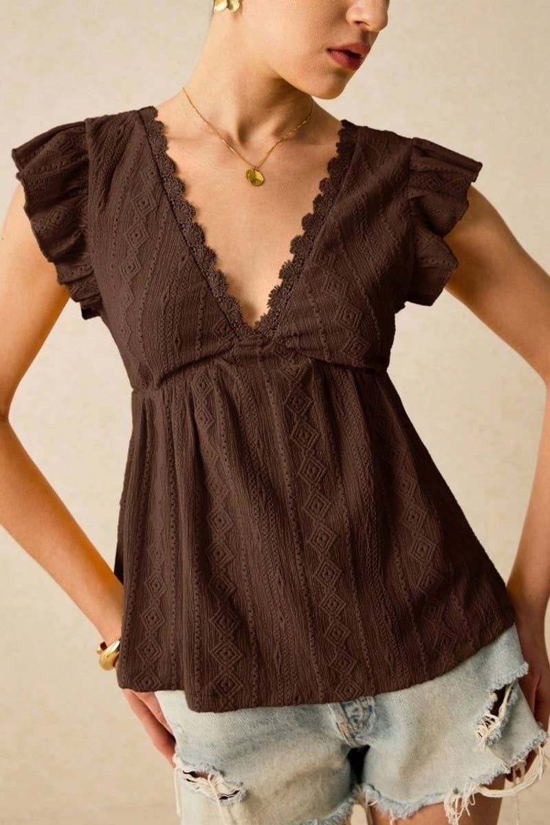 CWTBLSL0964_EYELET V-NECK RUFFLE SLEEVE LACE TRIM TEE