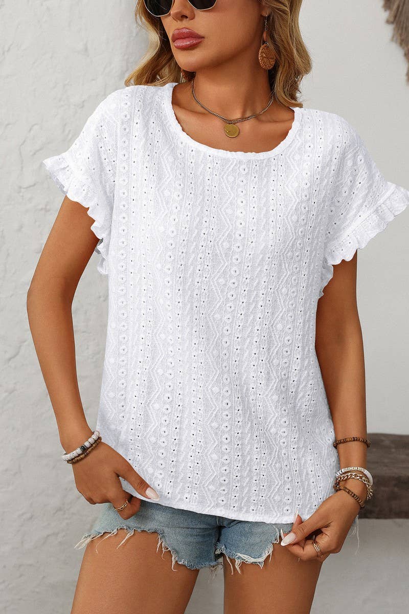 CWTBLS1710_SOLID COLOR ROUND NECK SHORT SLEEVE HOLLOW TOP