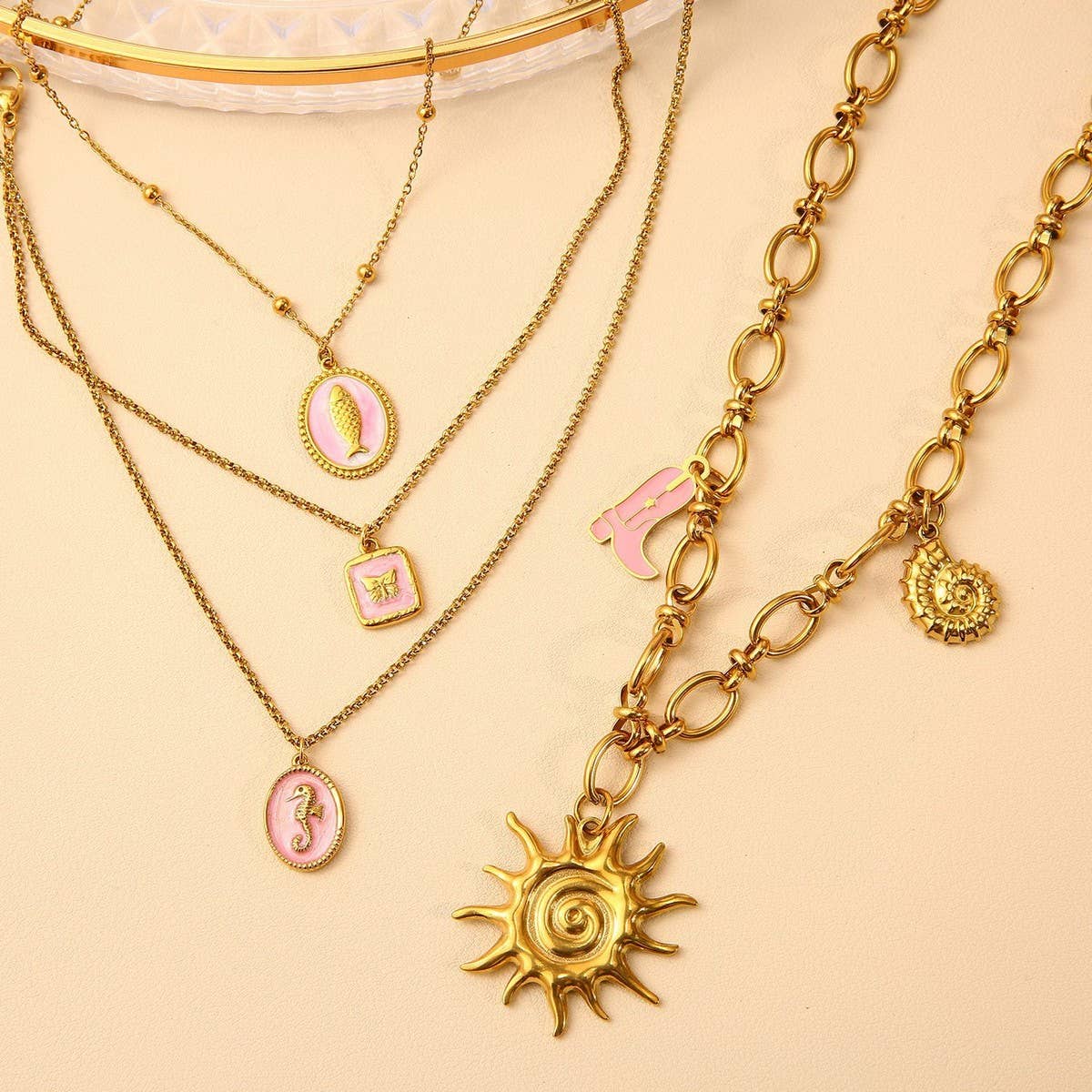 Ocean Style Steel Necklace with Shell & Fish_CWMM8834