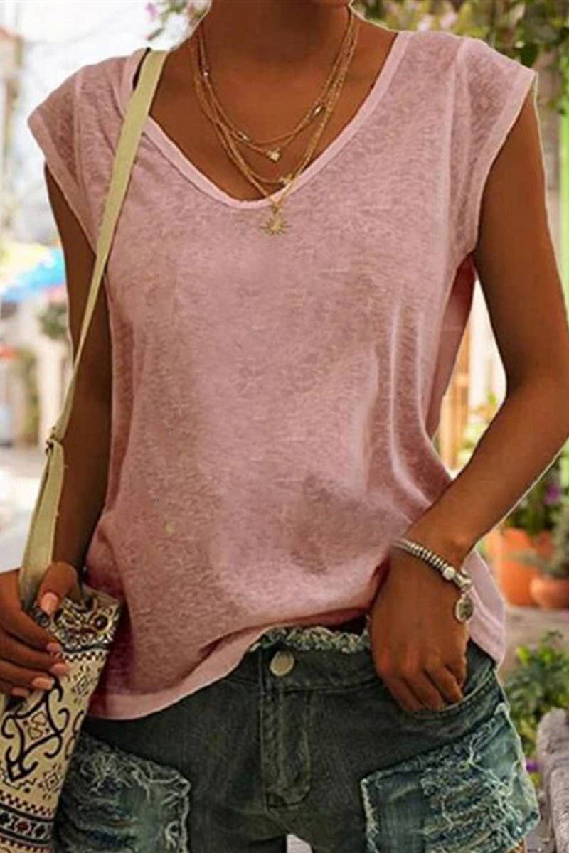 CWTTSL0257_SOLID COLOR V-NECK LOOSE SLEEVELESS T-SHIRT