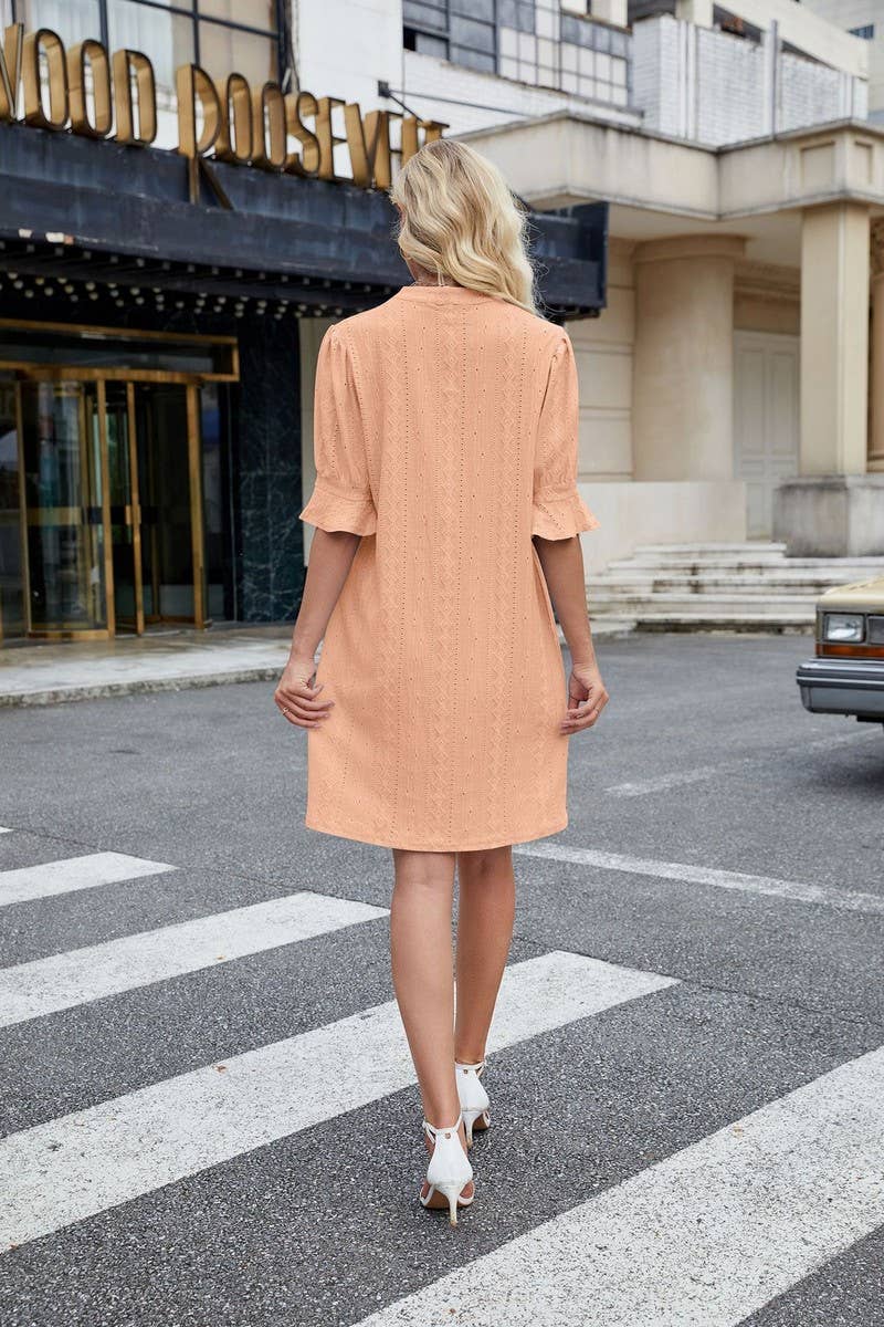 CWDSD7277_V-NECK CASUAL TRUMPET SLEEVE SHORT-SLEEVED DRESS