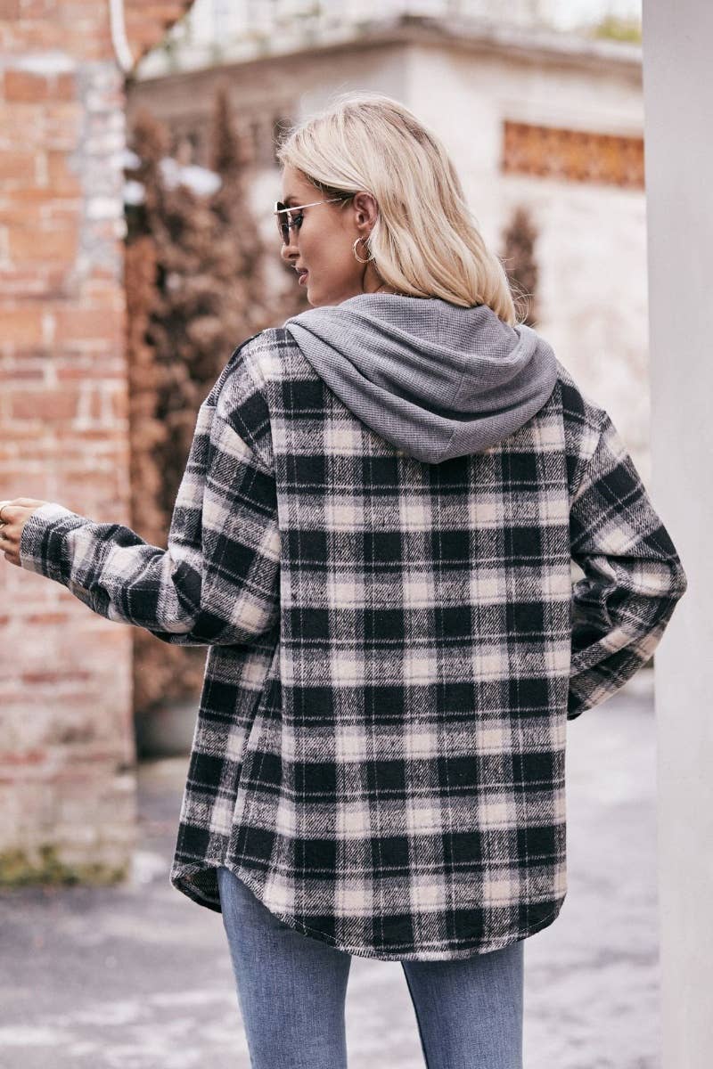 CWTSTL2181_FLANNEL PLAID HOODED LONG-SLEEVED SHIRT JACKET