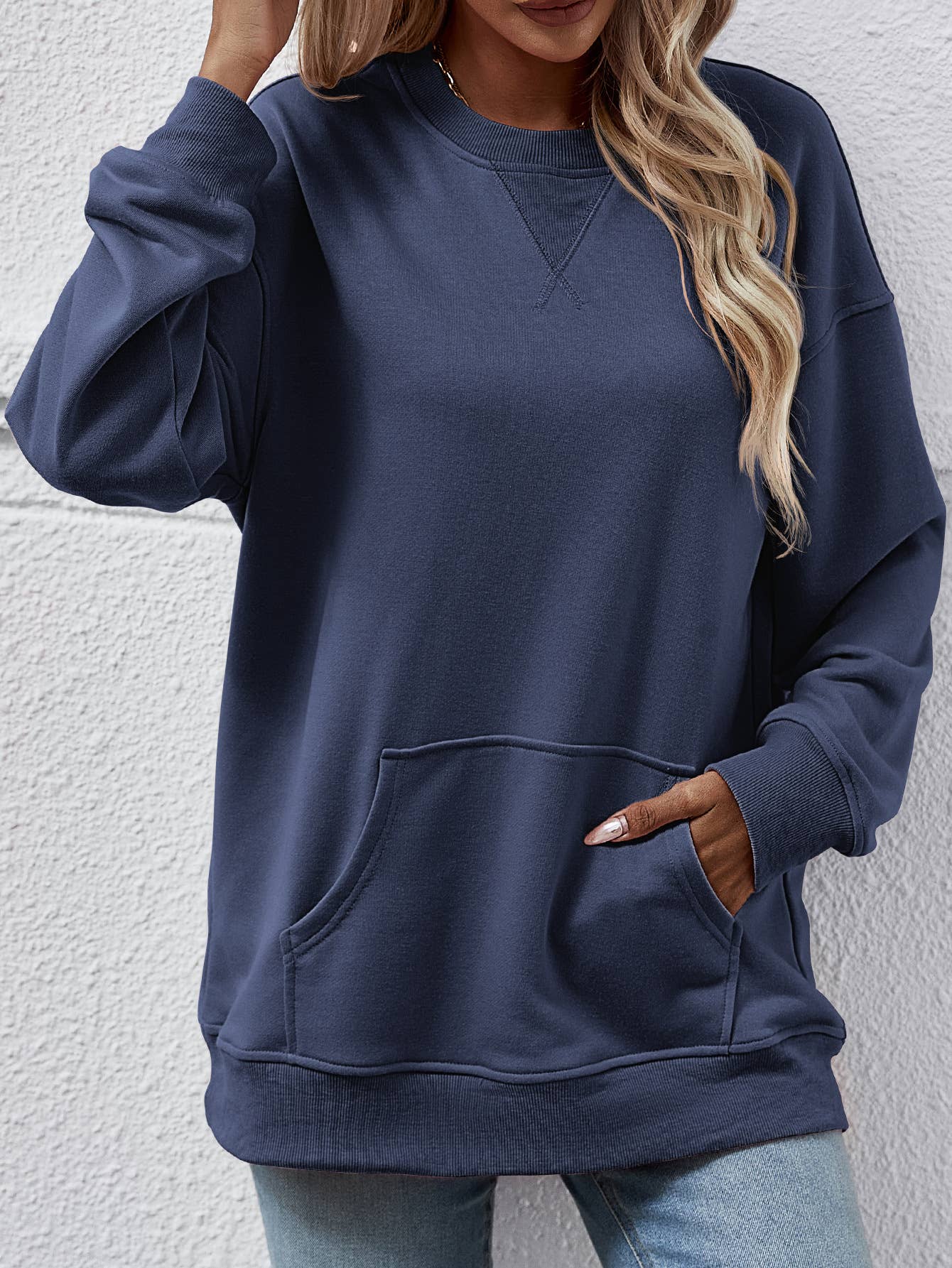 Casual women hoodie with loose crew neck pockets