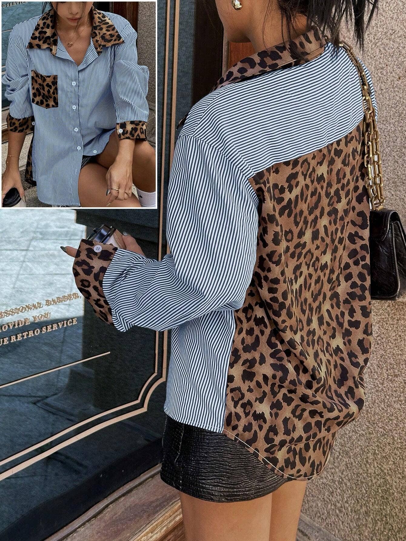 Fashionable leopard print patchwork loose shirt
