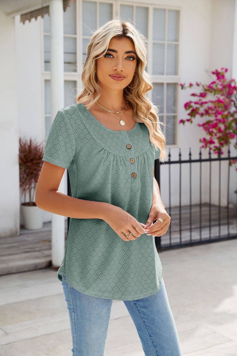 CWTBLS0435_Round Neck Short Sleeve Blouse