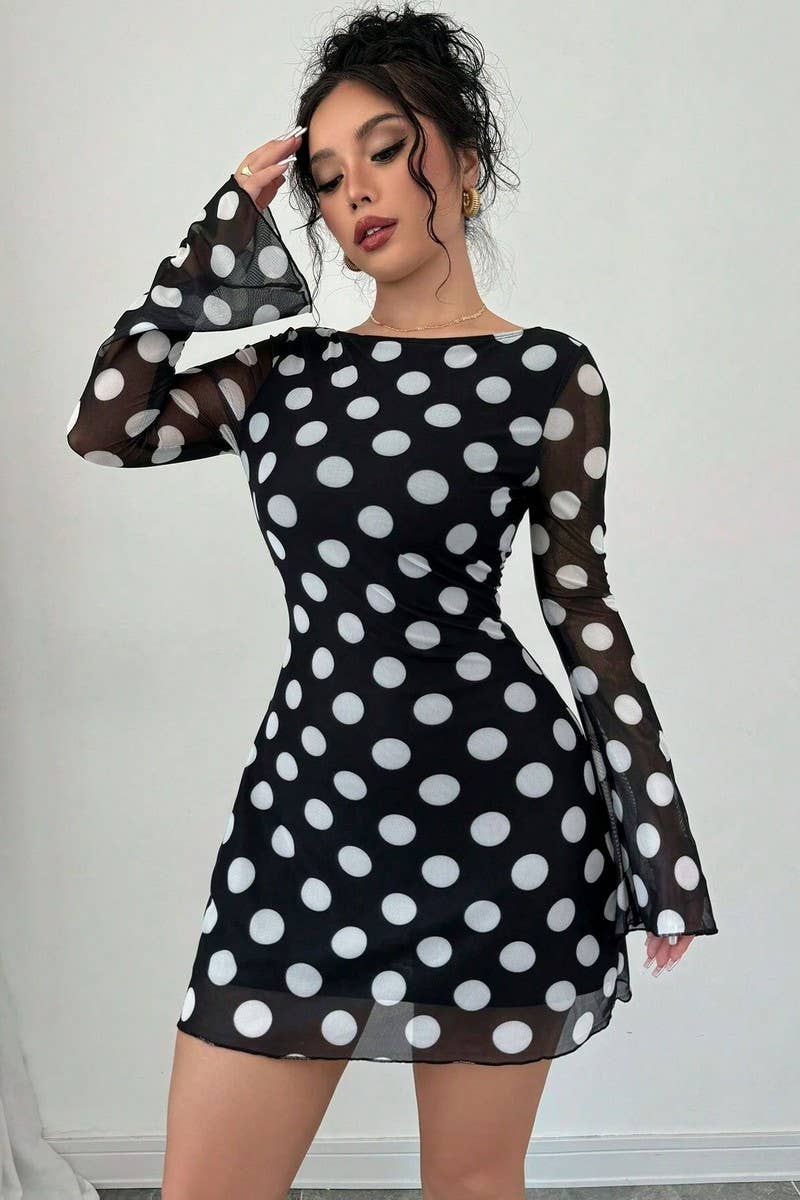 CWDSD8265_POLKA DOT OPEN BACK MESH BELL SLEEVE MINI DRESS