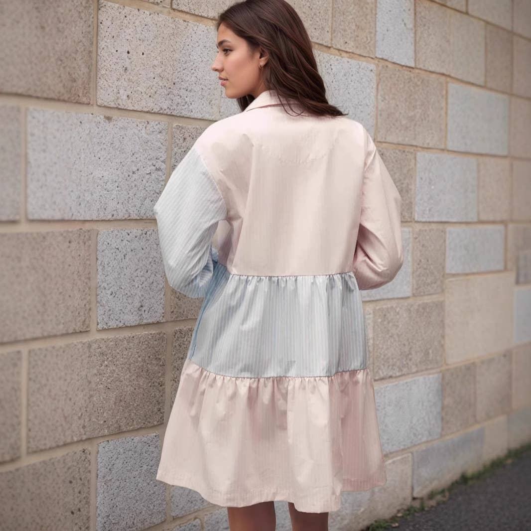 Color-blocking striped lapel lantern sleeve dress