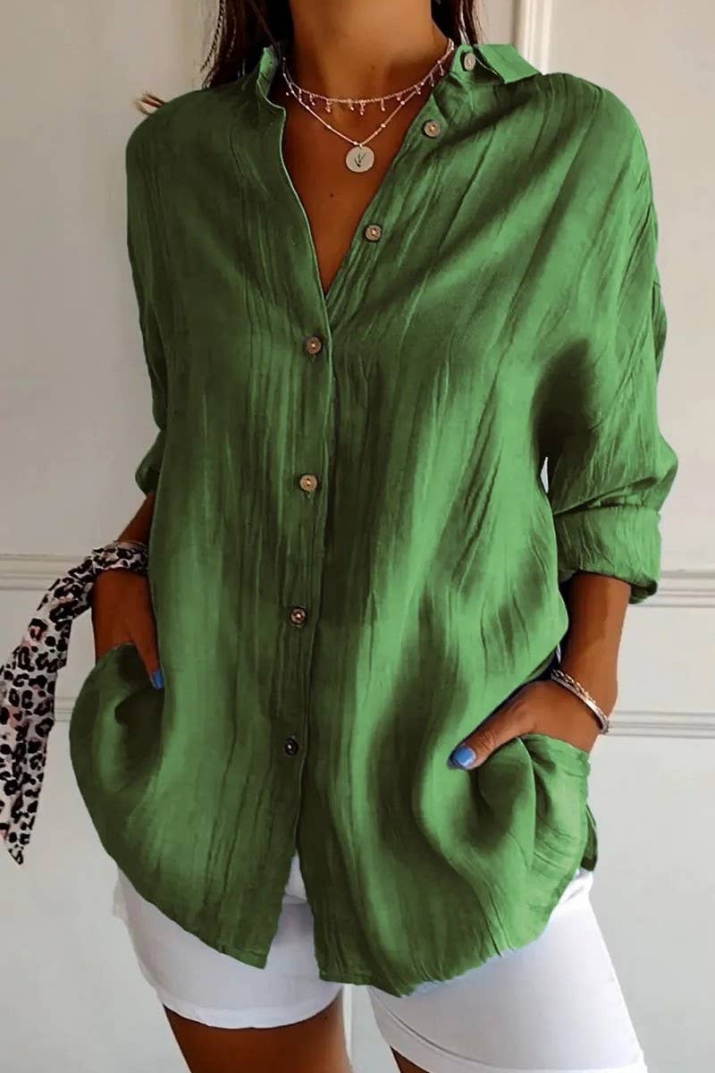 CWTSTL2281_SOLID COLOR SINGLE BREASTED PLEATED LAPEL SHIRT