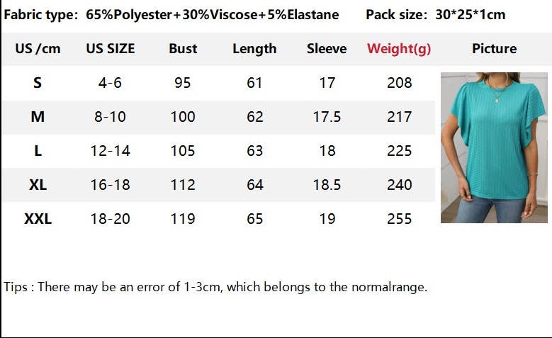 CWTBLS1718_SOLID COLOR ROUND NECK RUFFLE SLEEVE TOP