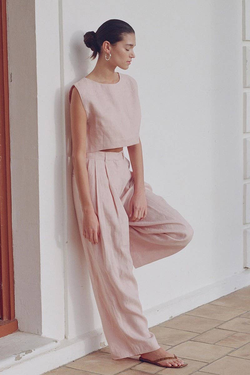 CWSTB1800_LINEN SLEEVELESS TOP & WIDE LEG PANTS SET