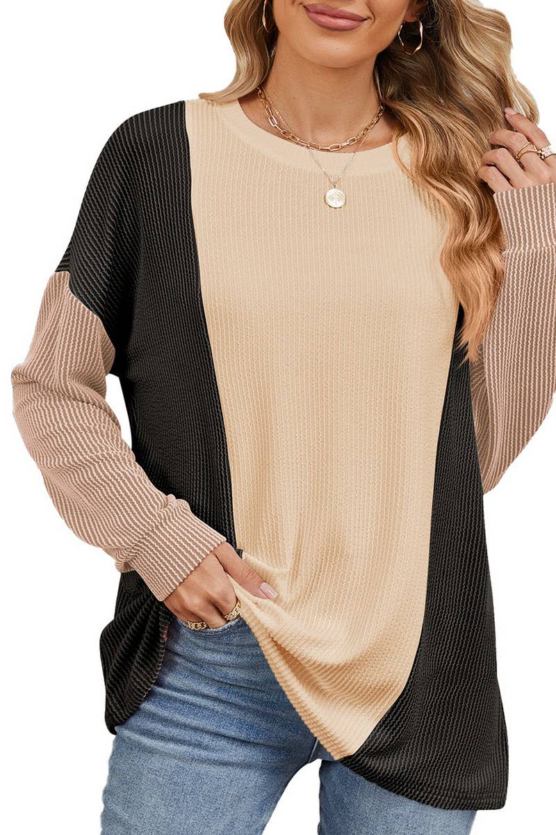 CWTBLL2358_ROUND NECK LOOSE STITCHING LONG SLEEVE TOP