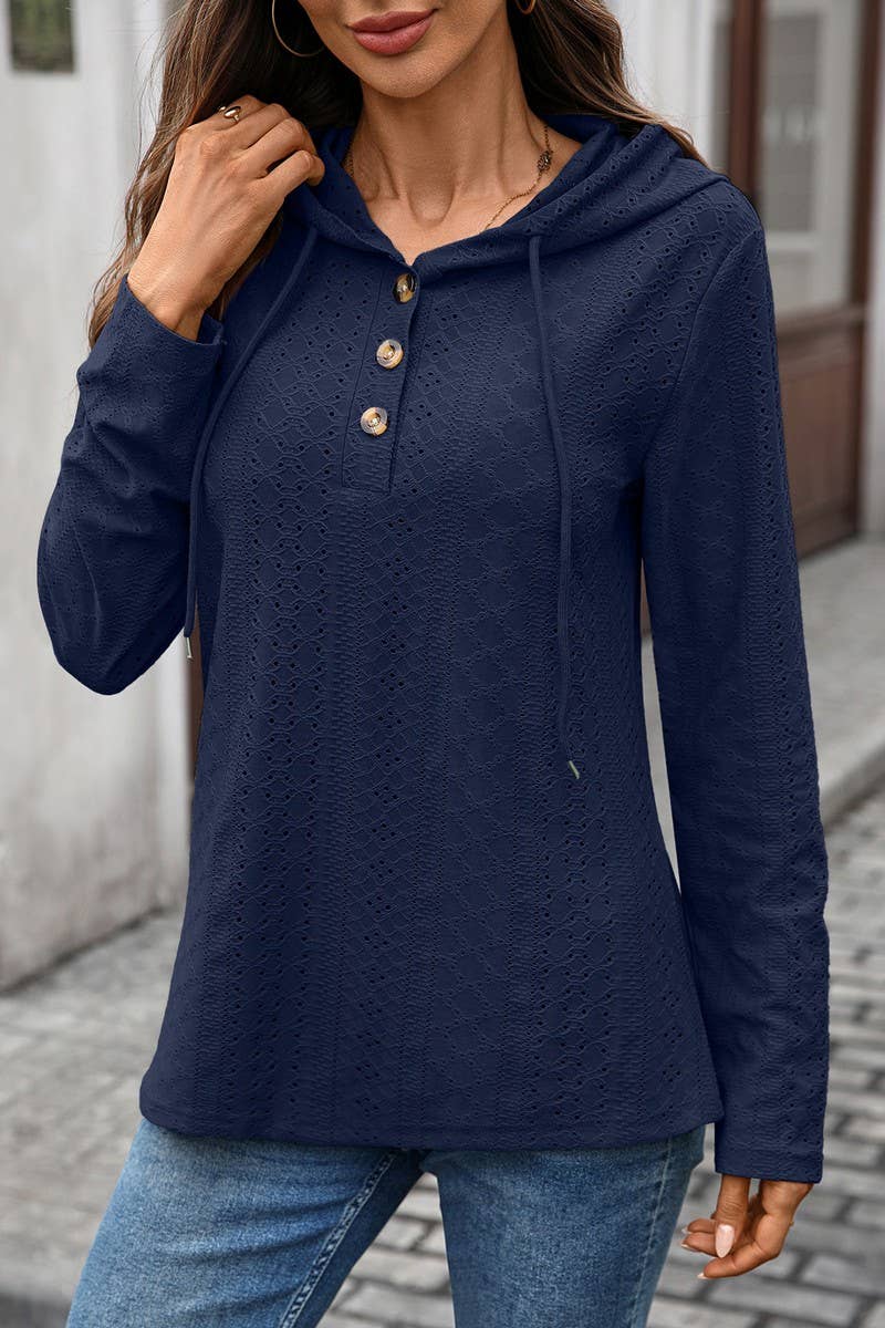 CWOHOL1119_V-NECK BUTTON DRAWSTRING PULLOVER LONG SLEEVE TEE