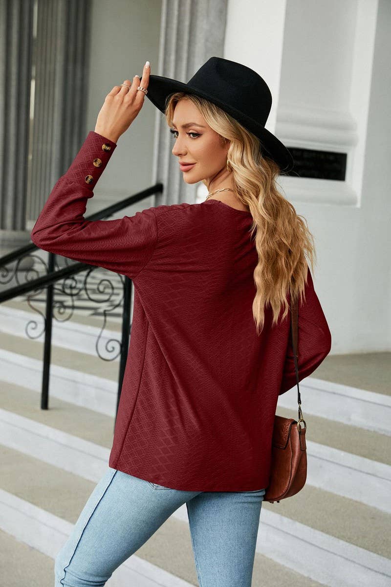 CWTTL1591_V-neck Pullover Long Sleeve Top