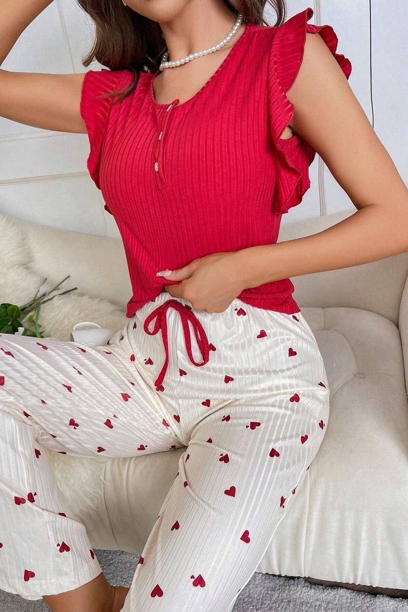 CWSPJ00493_HEART PRINT RUFFLED SLEEVE RIBBED LOUNGEWEAR SET